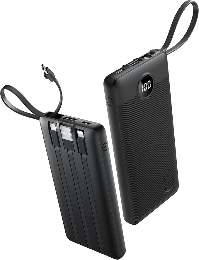Portable Charger with Built-in Cables, Slim 10000mAh Power Bank with USB C, Travel Essentials External Battery Pack 5 Outputs 2 Inputs LED Display Compatible with iPhone/Android & More(Black)