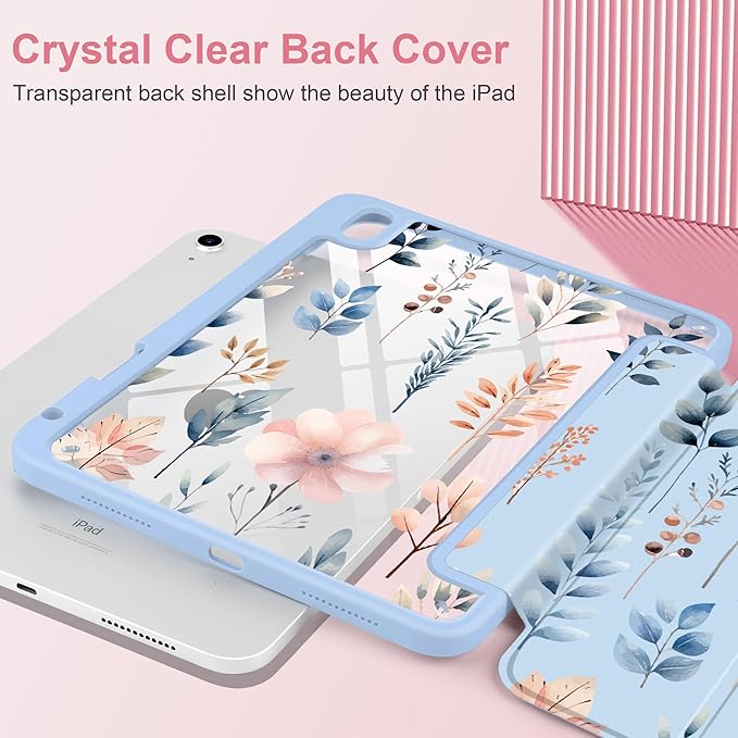 Case for iPad Air 11 inch M4 2026 M3 2025 M2 2024 Release with Pencil Holder Clear Back Shell Blue Lightweight Shockproof TPU Edge Trifold Stand Auto Wake Sleep Cute Cover, Hand-Drawn Leaves