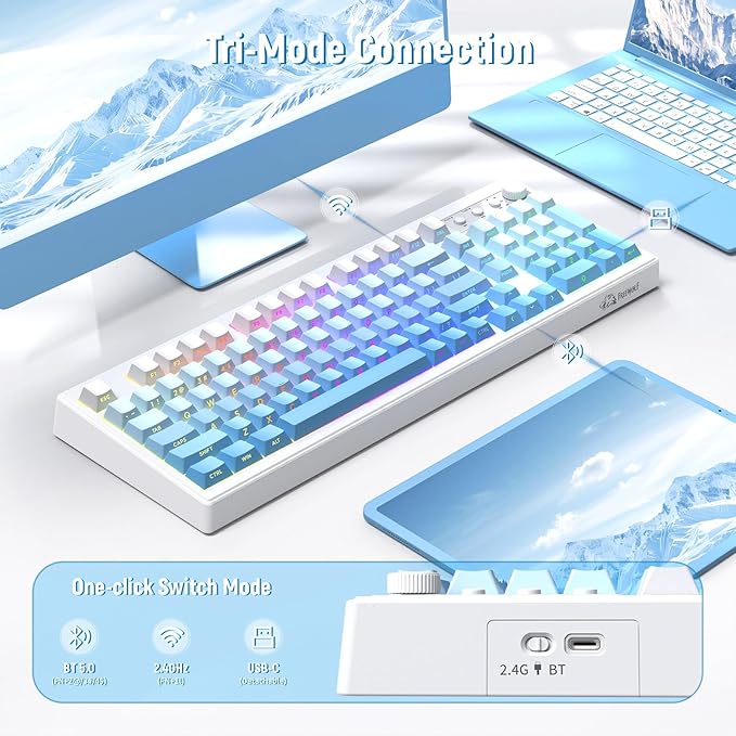 ZIYOU LANG K100 Wireless Gaming Keyboard,99 Keys Tri-Mode BT/2.4GHz/USB-C Creamy Color Keyboard with Number Pad RGB,Media Knob Custom Programmable Computer Keyboards for PC/Mac/Xbox (Blue)