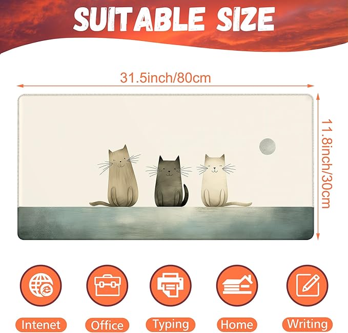 Desk Pad, Three Smiling Cartoon Cats Desk Mat, Large Gaming Mouse Pad, 31.5"x15.7" Extended Big Computer Keyboard Mouse Pad with Non-Slip Base and Stitched Edge
