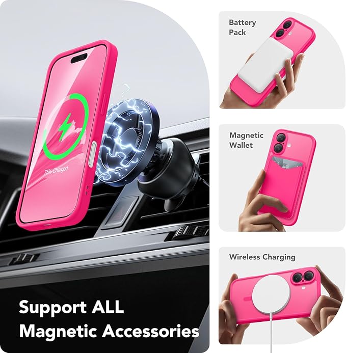 CAPRARO Magnetic Compatible with iPhone 16 Case, Upgraded [Full Camera Protection] [Compatible with MagSafe] Protective Translucent Matte Women Girl Phone Case Cover, Hot Pink