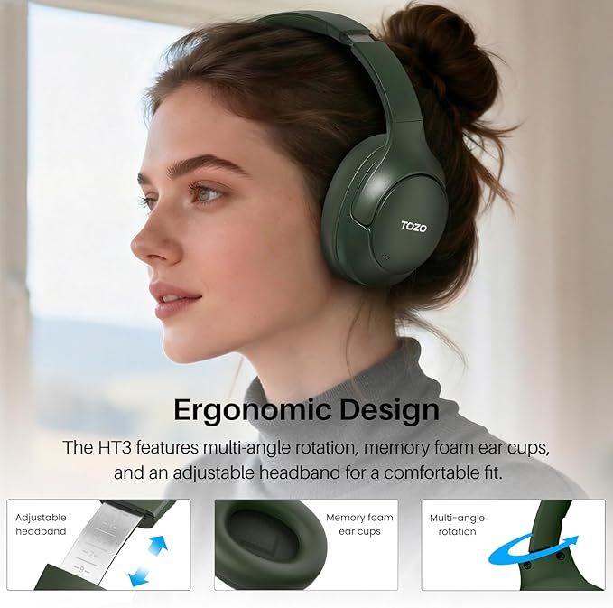TOZO HT3 Hybrid Noise Cancelling Headphones, 90H Battery Life Wireless Over Ear Bluetooth 6.0 Foldable Headset, AI Voice Assistant with 5 Mics, Connect 2 Devices and Hi-Res Sound, 32 EQ Audio Presets