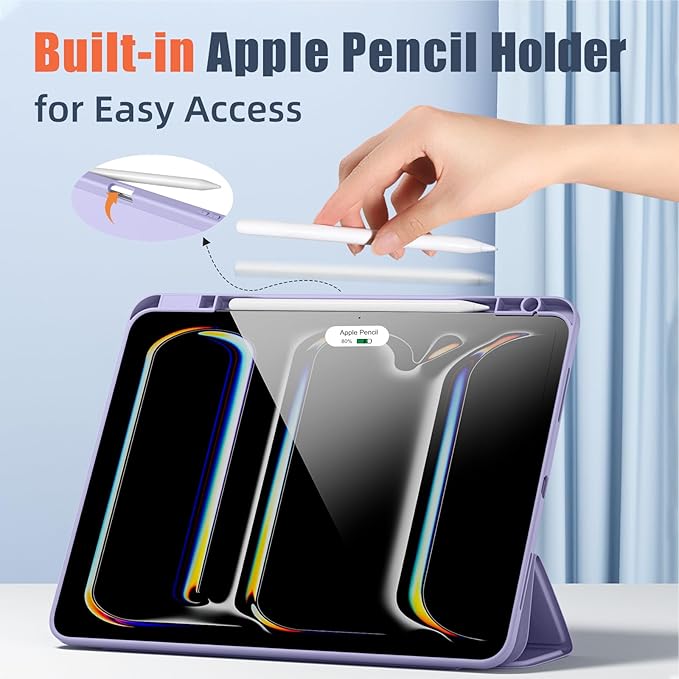 New Compatible with iPad Pro 13 inch Case M5 2025/M4 2024 with Built-in Pencil Holder, Kidopire for iPad Pro 13 Case with Hard Clear Back Shell, Support Pencil Pro, Auto Wake/Sleep, Lavender