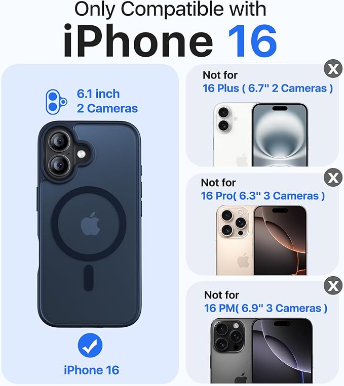 Magnetic for iPhone 16 Case, [Compatible with MagSafe][Military-Grade Drop Protection][Anti-Yellowing] Shockproof Protective Translucent Matte Cover for iPhone 16 Phone Case,Midnight Blue