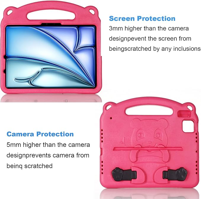 Case for Apple iPad Air 11 inch (M3/M2) & iPad Pro 11 inch Case (M5/M4) 2025/2024 with Kickstand/Handle Kids-Proof Lightweight Soft EVA Foam Shockproof Slim Stand Tablet Cover, Rose Panda