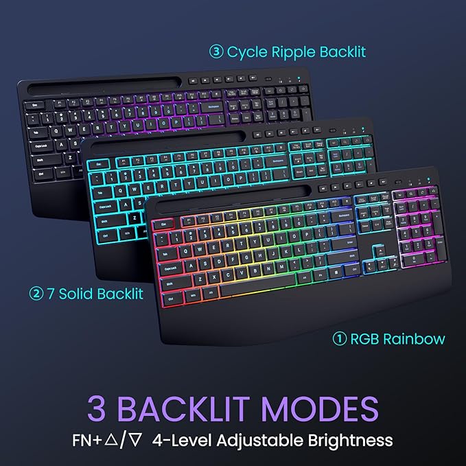 Wireless Keyboard and Mouse Combo- VEILZOR 2.4G Rechargeable Keyboard with Phone Holder, Ergonomic Wrist Rest, 9 RGB Backlit Effects, Silent Keyboard Mouse Set for Windows, Laptop, PC