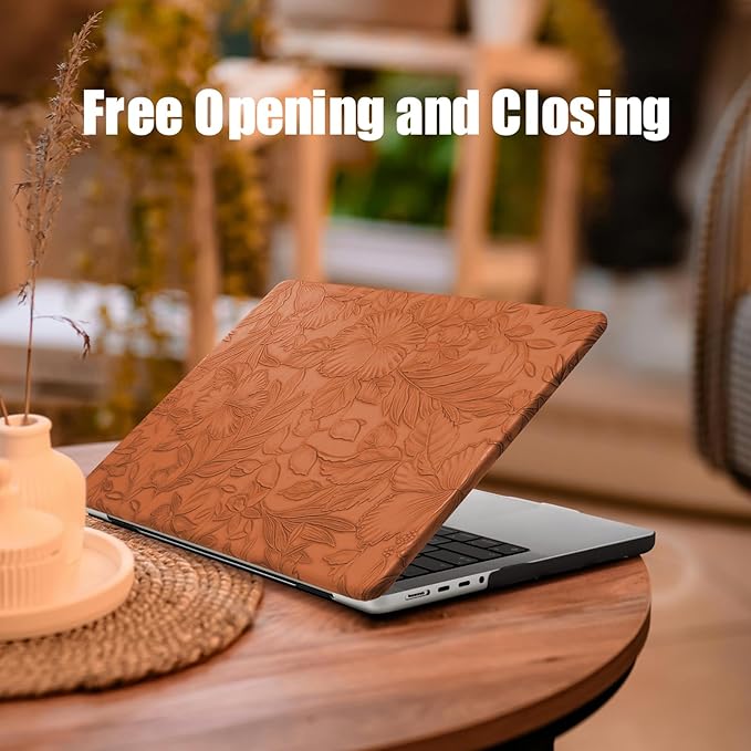 DTangLsm for MacBook Pro 13 inch Case M2 2025 2024-2016 A2338 M1 A2289 A2251 A2159 A1989 A1706 A1708, Elegant Retro Leather Hard Shell Cover for MacBook Pro Case + Keyboard Cover,Brown Embossed Floral