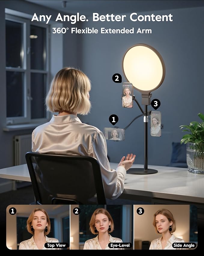 1300 Lumens Ring Light with Stand for Desk, Computer & Laptop – Podcast & Streaming Light with Flexible Phone Holder, CRI 98+ Bright Yet Soft Influencer Light for Video Recording, Conference & Calls
