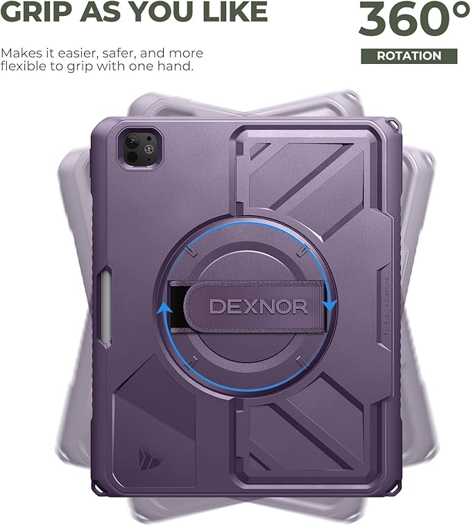 Dexnor for iPad Pro 13 inch Case M5 2025/M4 2024, Rugged Protective Case with 360° Rotating Hand Strap & Large Steady Stand & Screen Protector & Pencil Holder Shockproof Full-Body Bumper Cover,Purple
