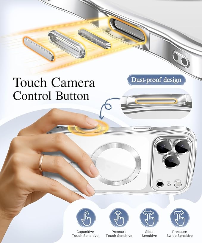 GVIEWIN for iPhone 17 Pro Case Compatible with MagSafe, Upgraded [Full Camera Protection][Cute Wave Frame][Military Grade Protection] Electroplated Hard Phone Cover for Women Girl, Clear/Sliver
