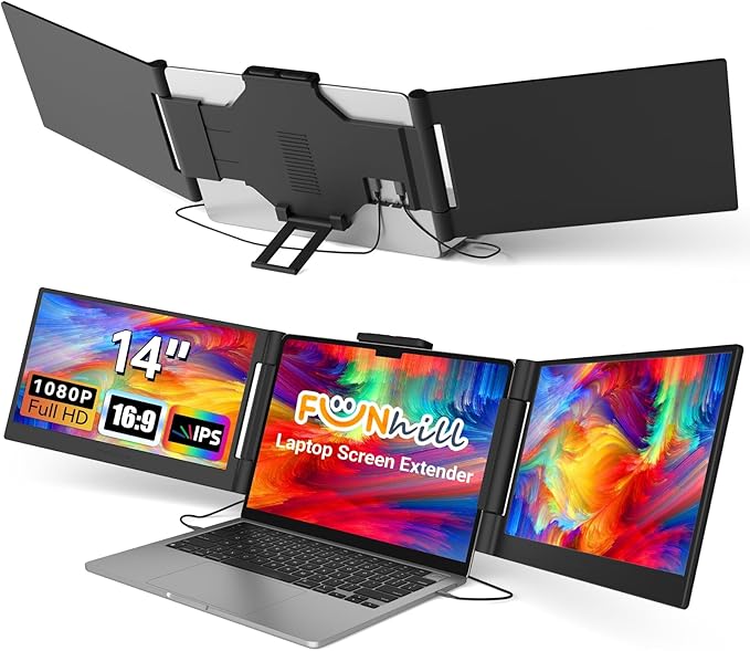 Funhill Laptop Screen Extender 14 inch Laptop Monitor Extender 1080P IPS, Triple Portable Monitor for Laptops 13-17.3" with Display/HDMI Port, Plug-Play Portable Screen for Windows/Chrome/Android