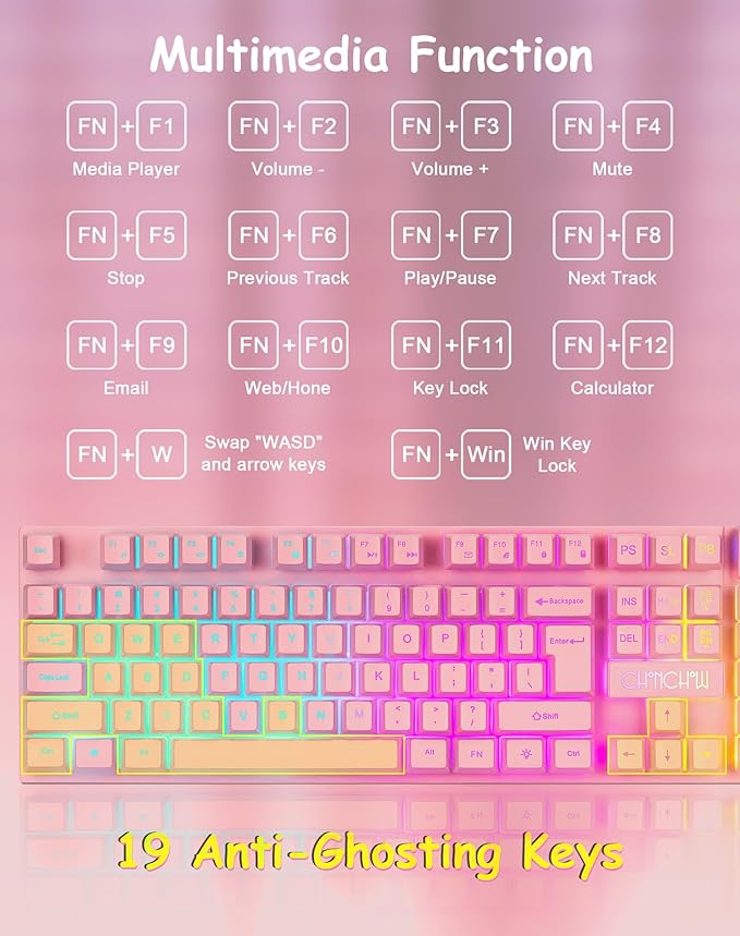CHONCHOW Pink Gaming Keyboard and Mouse Combo with LED, 104 Keys Wired Light Up Pink Keyboard and Cute Mouse Set for PC Laptop Computer PS4 PS5 Xbox, 19 Keys Anti-ghosting, Multimedia Keys, Number Pad