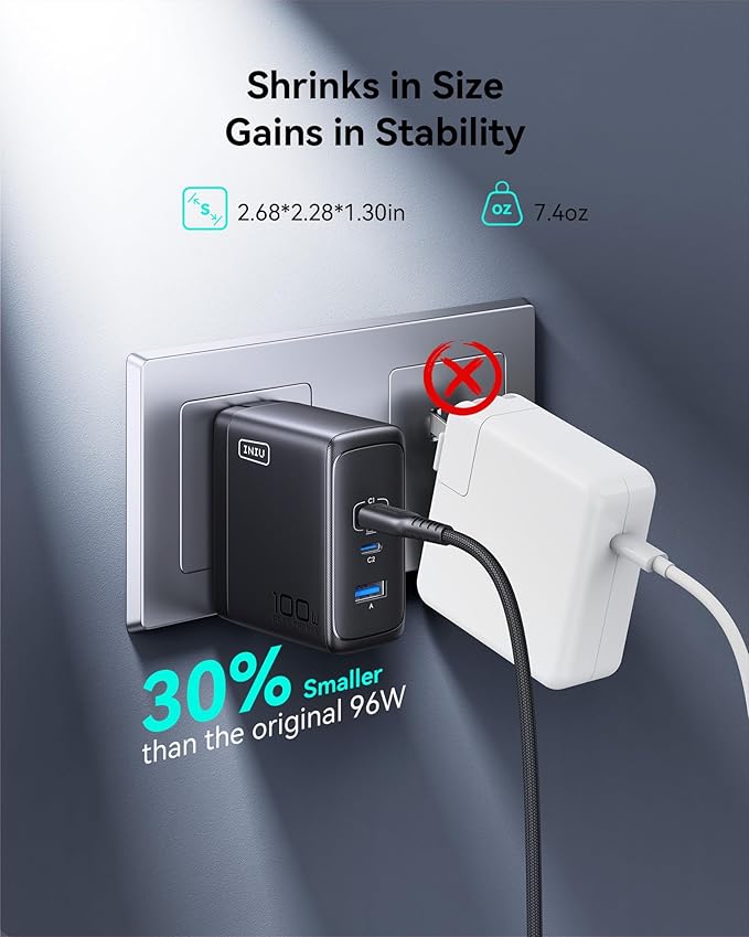 INIU USB C Charger Block, 100W GaN Fast Charging, 3-Port Compact Foldable Travel Charger with Type C Cable, Power Adapter for Mac Book Air Pro 15 14 M3, iPhone 17 16 Pro Max Samsung S26 S24, Switch 2