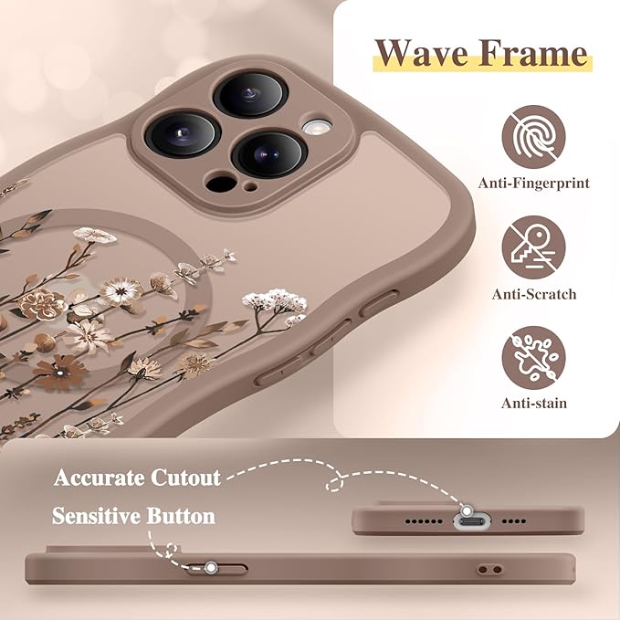 GVIEWIN for iPhone 15 Pro Max Case Compatible with MagSafe [Curly Wave Edge][Full Camera Protection] Floral Translucent Shockproof Magnetic Women Phone Case for 15 Pro Max 6.7'', Floratopia/Brown