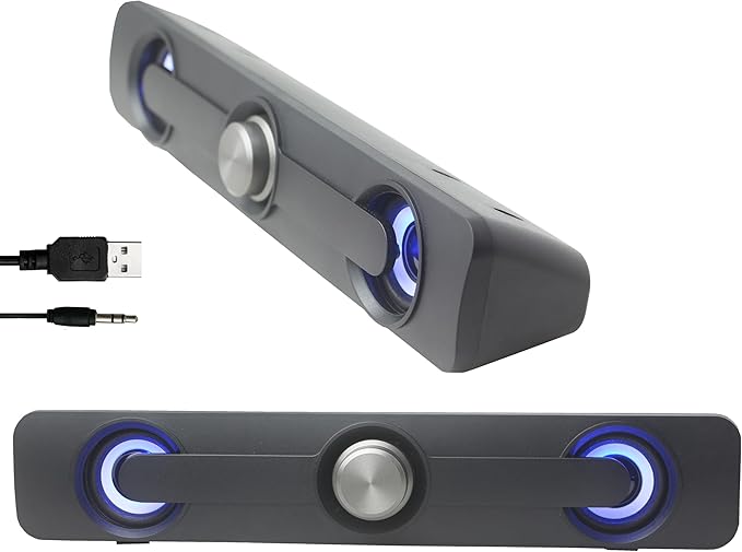GamesterGear Desktop Compact USB Powered Wired Multimedia Mini Stereo Sound Bar 3.5mm Audio Jack Blue LED 2.5 Watts Speaker