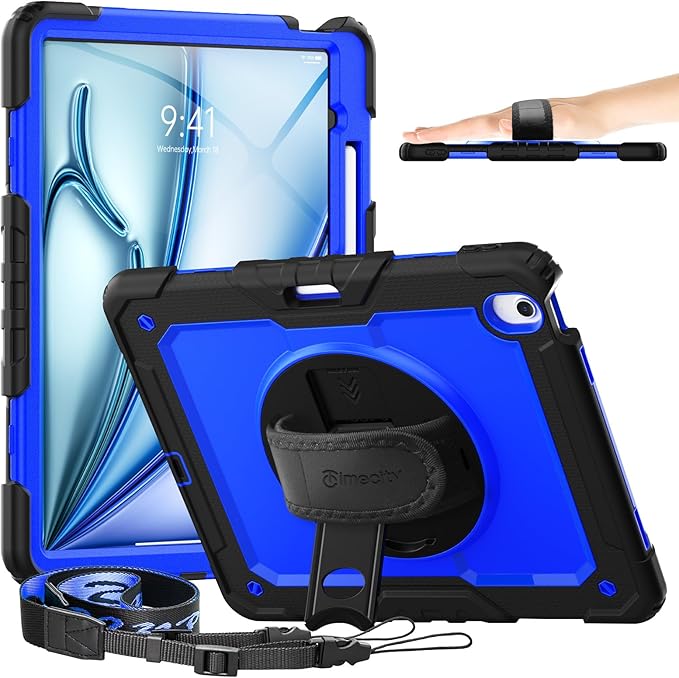 timecity for iPad Air 13 Inch Case M4 2026/ M3 2025/ M2 2024, 360° Rotating Stand, Pencil Holder & Wireless Charging, Shockproof with Screen Protector & Shoulder Strap - for Designers, Dark Blue