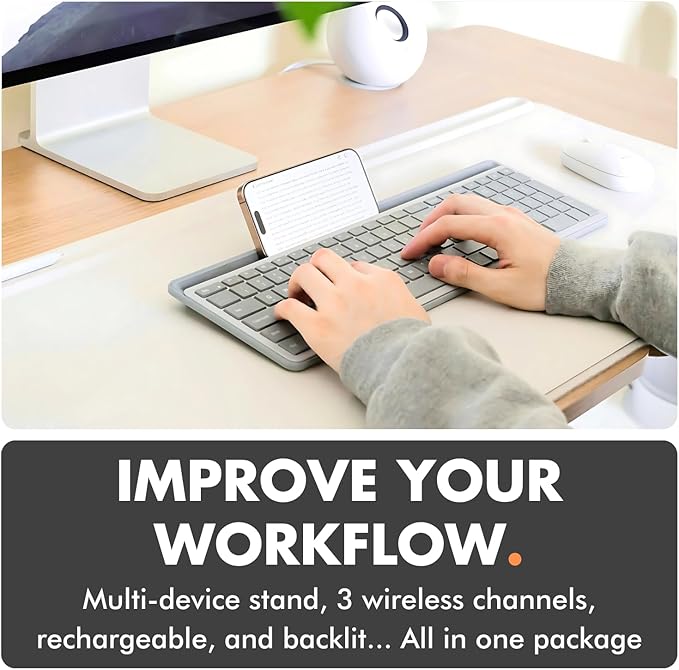 X9 Full-Size Bluetooth Keyboard with Phone Holder – Backlit Wireless Keyboard, Switch Multi-Device, Slim, Quiet, Rechargeable, w/Copilot AI for PC, Mac, iOS & Android (Silver)