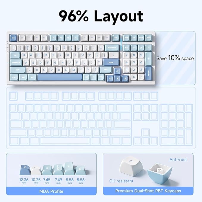 MCHOSE G98 PRO Wireless Gaming Keyboard, Tri-Mode Connection Mechanical Keyboard, Hot Swappable Custom Gasket Structure, Pre-lubed Linear Switches, Double Shot PBT Keycaps, RGB LED Backlit, Blue&White