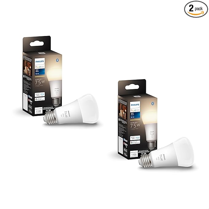 Philips Hue Smart 75W A19 LED Bulb - Soft Warm White Light - 2 Pack - 1100LM - E26 - Indoor - Control with Hue App - Compatible with Alexa, Google Assistant and Apple Homekit