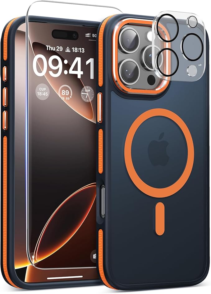 Magnetic 3 in 1 for iPhone 16 Pro Case, [Omni-Directional Protection] with 1x Screen Protector + 1x Camera Cover, [Seamless Work with Magsafe] Shockproof Slim Thin Case for iPhone 16 Pro Cosmic Orange