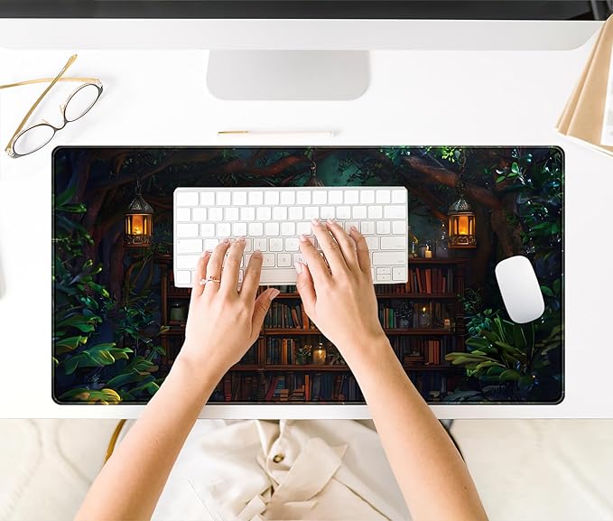 Large Desk Pad Anime Mouse Mat, Extended Gaming Mouse Pad Forest Library Keyboard Pad, Computer Desktop Pad Full Desk Mat XXL, Magical Cottagecore Decor for Office Laptop 31.5x15.7 Inch