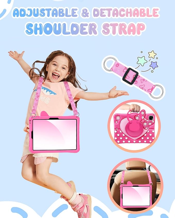 Boaretiu Kids Case for iPad Air 11" (Air M4 2026, 8th Gen/M3 2025/M2)/Air 5th/4th Generation 10.9"/Pro 11" 4th/3rd/2nd/1st - Cute Girly Cartoon Silicone Cover with Strap Stand for Girls, Bow Heart
