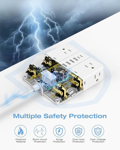 10FT Surge Protector Power Strip,12 AC Outlets with 6 USB Ports (2 USB-C), Flat Plug Extension Cord with Multiple Outlets, Wall Mount for Home Office,Dorm,White