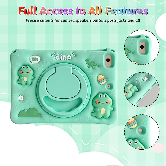 Dteck for iPad Pro 11 Case 2022/2021/2020/2018,iPad Air 5/4 Case,Cute Cartoon 3D Unique Rotating Handle Stand Shoulder Strap Soft Silicone Funda Rugged Shockproof Protective Kid-Proof Case,Dinosaur
