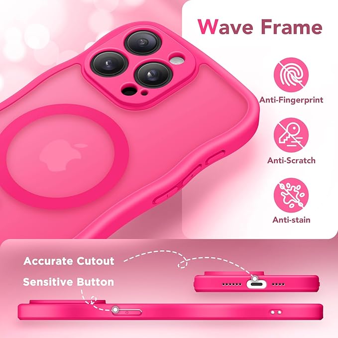 CAPRARO Cute for iPhone 13 Pro Max Case, Compatible with MagSafe, [Curly Wave Edge] [Full Camera Protection] [14 FT Drop Protection] Magnetic Phone Case for 13 Pro Max 6.7 Inch, Hot Pink