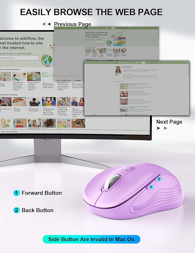Trueque Wireless Mouse for Laptop, 2.4GHz Ergonomic Computer Mouse with Back & Forward Buttons, 3 Adjustable DPI Levels, 6 Buttons, Optical USB Cordless Mice for Windows PC, M01 (Lavender)