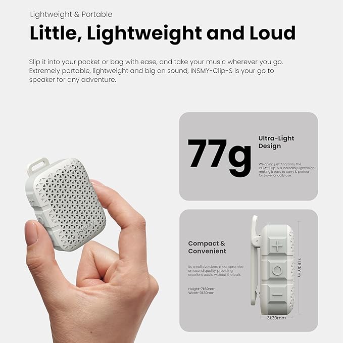 INSMY Wearable Bluetooth Speakers,IP67 Waterproof,Clip-On Portable Small Personal Speaker/Clean Sound/Stereo Pair/Wireless/ENC Built-in Mic/Lightweight for Golf Work Pool Gift(Non-Magnetic) (White)