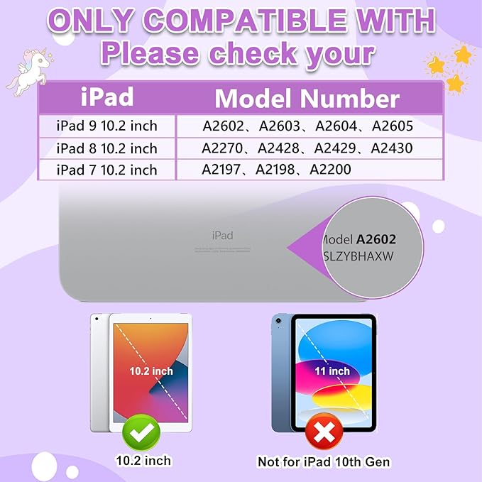 HianDier for iPad 9th 8th 7th Generation Case Kids Girls Cute Unicorn with Rainbow Handle Detachable Lanyard Rotatable Kickstand Shockproof Protective Cover for iPad 10.2 Case 2021 2020 2019-Purple