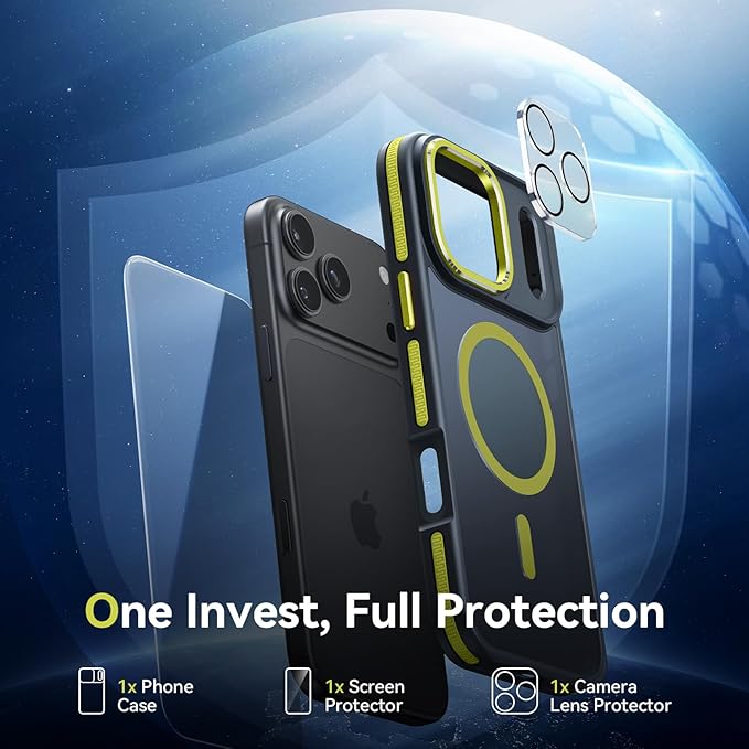 Magnetic 3 in 1 for iPhone 17 Pro Case, [Omni-Directional Protection] with 1x Screen Protector + 1x Camera Cover, [Seamless Work with Magsafe] Shockproof Slim Thin Case for iPhone 17 Pro Neon Yellow