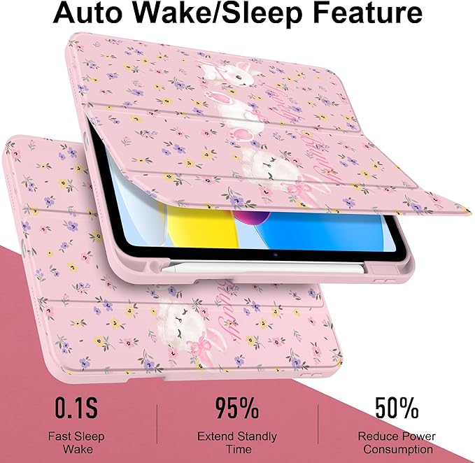 Case for iPad Air 11 inch M4 2026 M3 2025 M2 2024,iPad Air 5th (2022) / 4th (2020) 10.9 Inch Clear Back Shell Lightweight TPU Edge Trifold Stand Auto Wake Sleep Cute Cover, White Rabbit