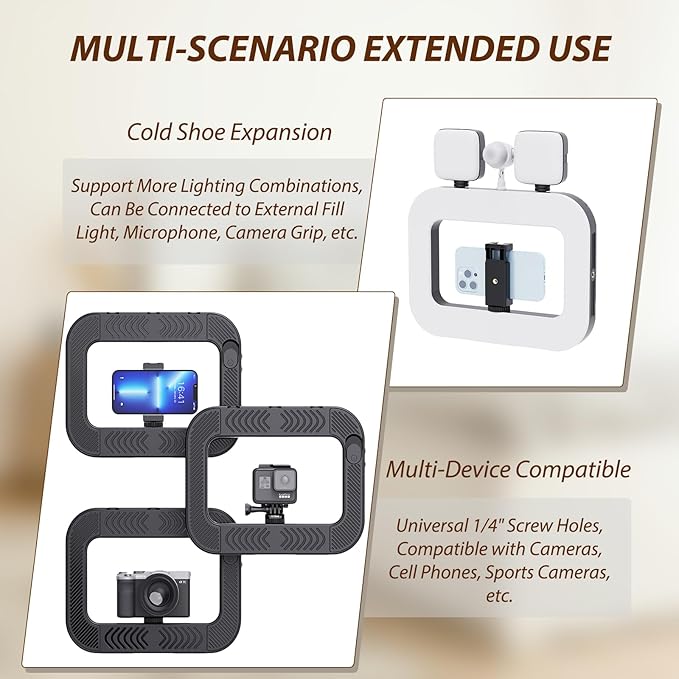 Smartphone Video Rig with Light, Handheld Ring Selfie Light Kit, LED Mobile Video Stabilizer with Built-in 8000mAh Battery for Camera, Smartphone, YouTube, TikTok Video Recording, Makeup