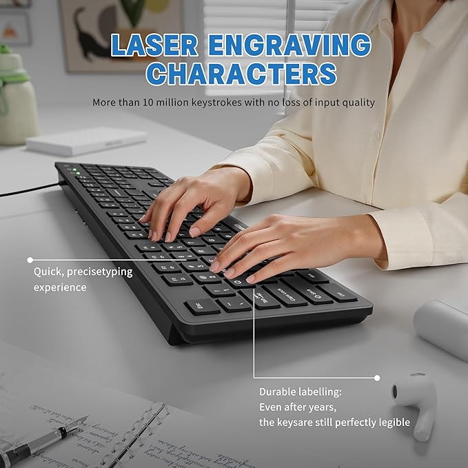 Arabic/English Keyboard USB Wired,QWERTY Laser Etched Letter（Not Fading）Full-Size with Numpad, Desktop, Pc, Laptop - Suit for Frequent Use of Arabic bilingual for Work, Study, and Communication