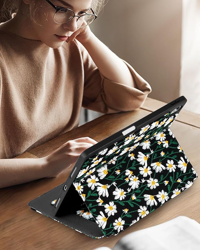 Uppuppy for iPad 10th Generation Case, for iPad (A16) 11th Generation Case - for Women Girls Cute Embroidered Folio Stand Cover with Pencil Holder & Card Slot Girly Daisy Floral Kawaii Aesthetic Cases