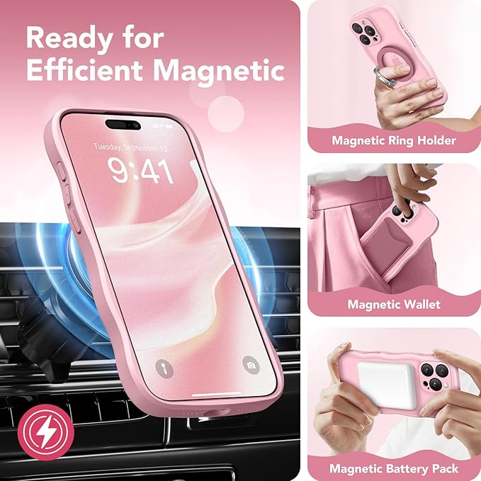 CAPRARO for iPhone 16 Pro Case for Women Girls, Upgraded [Full Camera Protection] [Compatible with MagSafe] Cute Wave Translucent Matte Phone Case for iPhone 16 Pro, Peach Pink