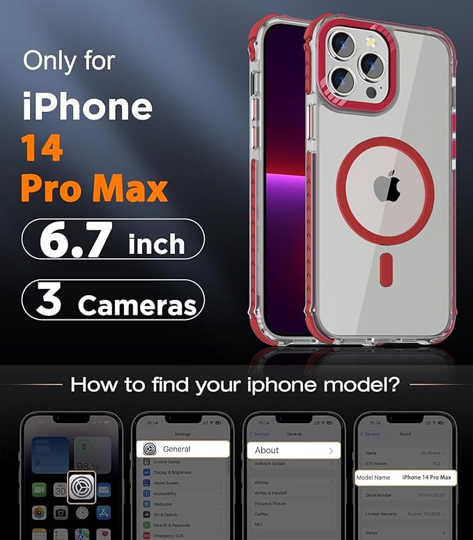 DEERLAMN Strong Magnetic Case for iPhone 14 Pro Max 6.7-Inch,[Compatible with Magsafe][Military Grade Drop Protection] Clear Slim Shockproof Protective Phone Cover-Transparent+Red