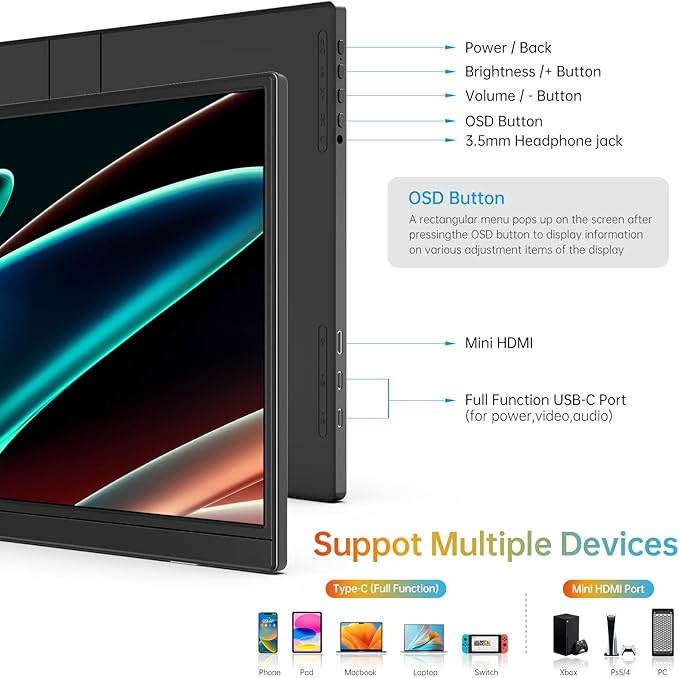 ForHelp 14 Inch Portable Monitor FHD1200P Ultra-Slim for Laptop Monitor, USB-C&HDMI Plug&Play,100% SRGB,Dual Speakers Extender Display. Built-in Stand,for Laptop,PC Phone Xbox PS4/5
