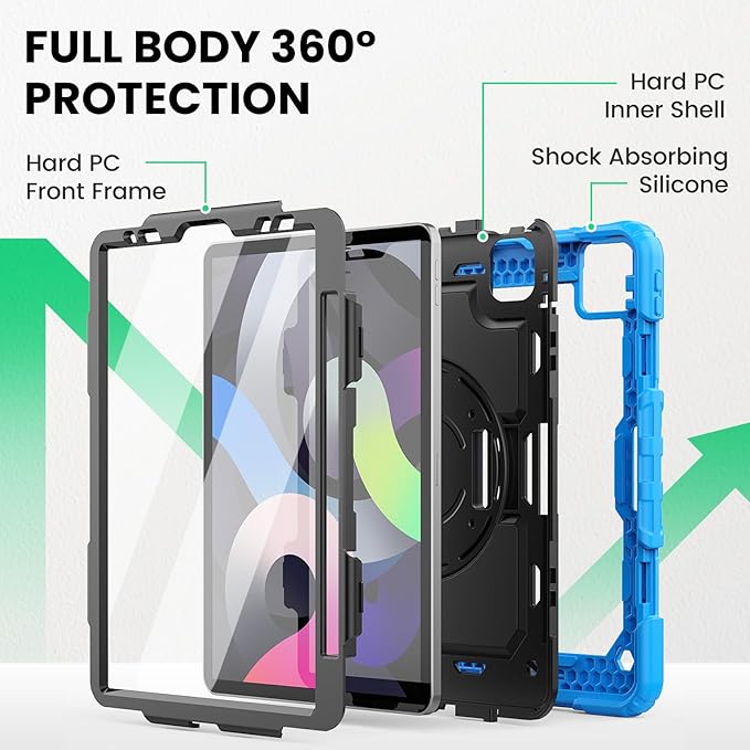 SEYMAC Case for iPad Air 5th/ 4th Generation 10.9", Full-Body Shockproof Protective Case with Screen Protector, Rotating Stand/Handle/Shoulder Strap/Pencil Holder for iPad Air 5/ Air 4, Sky Blue