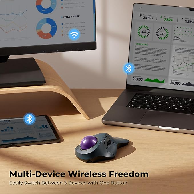 Wireless Trackball Mouse for Large Hands, Ergonomic Index Finger Control, Rechargeable Bluetooth/USB Mouse with Precise Smooth Tracking, Multi-Device Connection for Windows & Mac, Purple