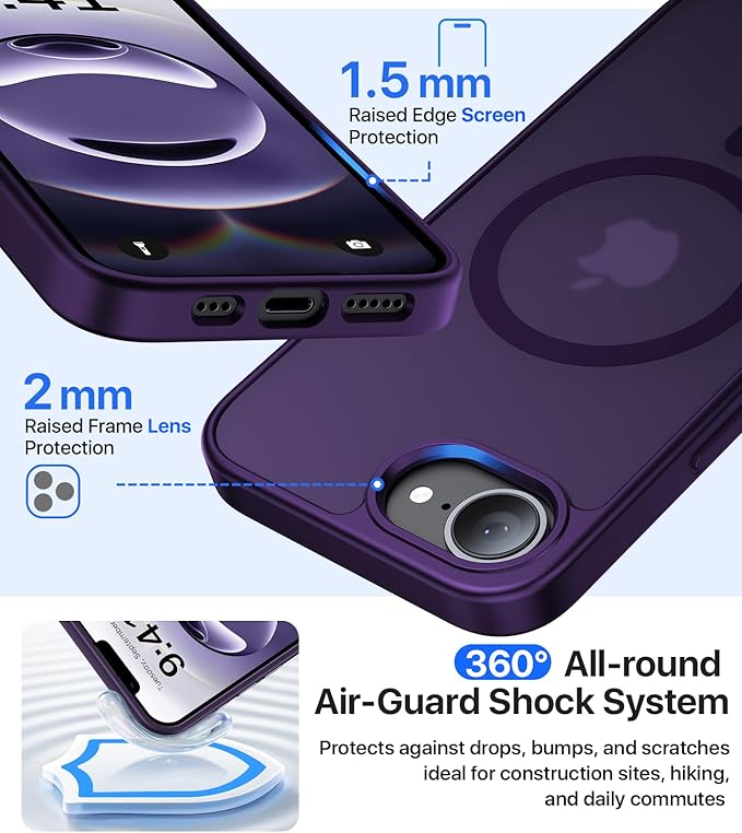 Eastinbox Magnetic Shockproof for iPhone 17e & iPhone 16e Case [Compatible with MagSafe] [Military-Grade Protection] Anti-Yellowing, Matte Protective Phone Case for iPhone 17 e/16 e 6.1", Purple