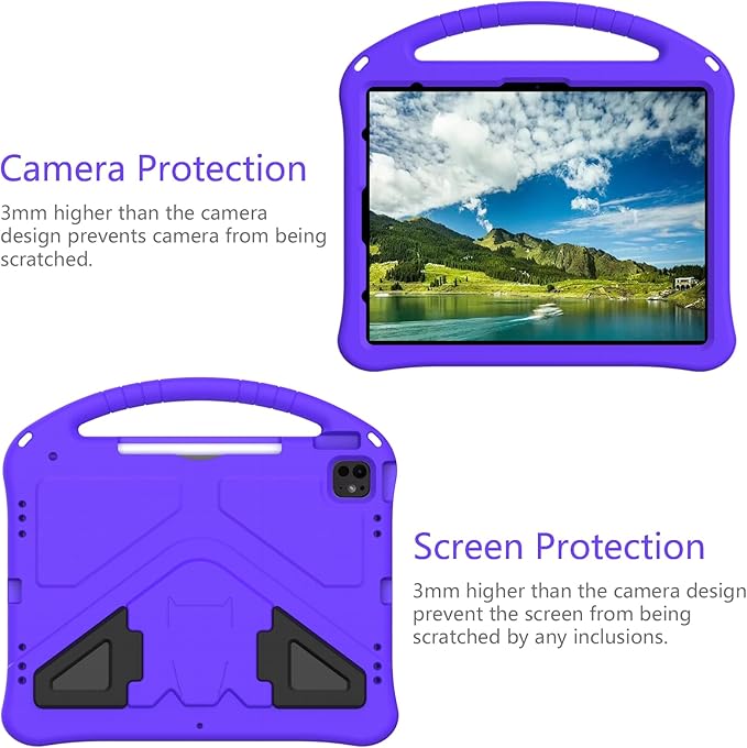Kids Case for Apple iPad Air 13 M4 M3 M2 2026 2025 2024/ iPad Pro 13 M5 M4 2025 2024/ Pro 12.9" 2022/2021/2020/2018, EVA Shockproof Handle Kickstand Lightweight Cover with Shoulder Strap, Purple