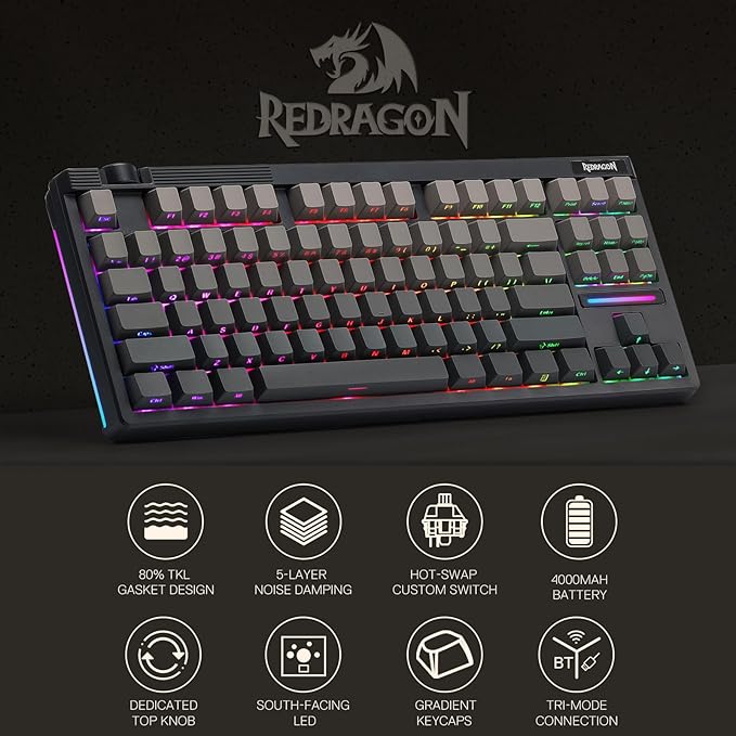 Redragon K729 PRO 80% Wireless Gasket RGB Gaming Keyboard, 3-Mode TKL Mechanical Keyboard w/Knob Control, Gradient PBT Keycaps, Hot-Swap South-Facing Socket & 5-Layer Dampener, Custom Silent Switch