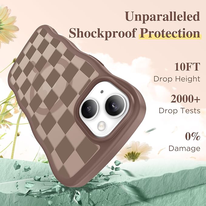 GVIEWIN Cute for iPhone 14 Case & iPhone 13 Case [Compatible with MagSafe] [Curly Wave Edge] Floral Translucent Magnetic Shockproof Protective Phone Cover for iPhone 14/13 6.1'', Grids/Brown