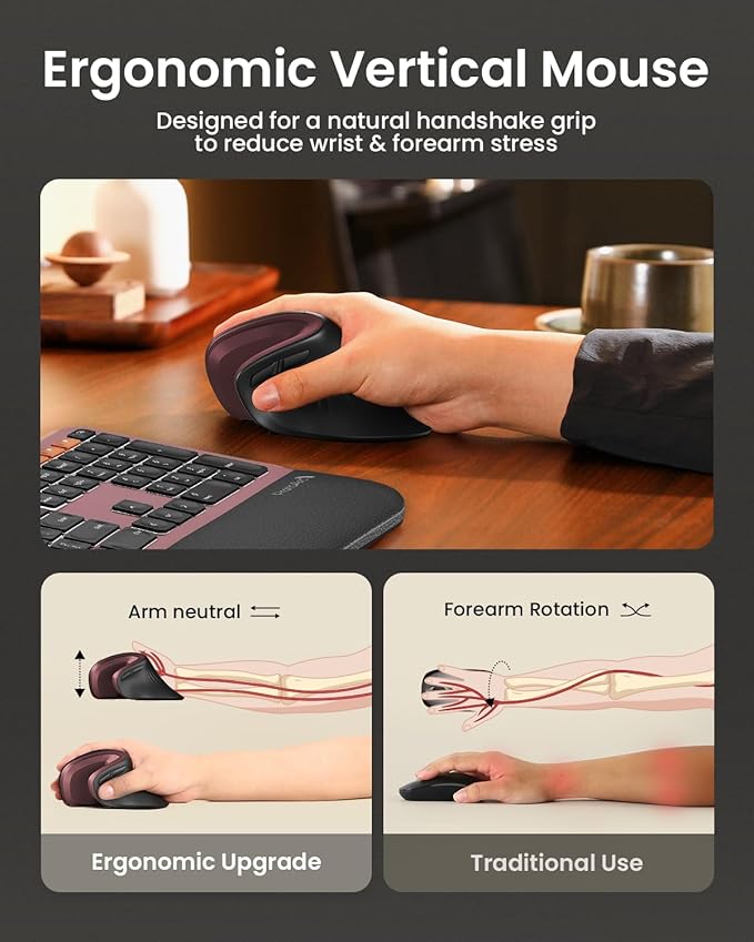 ProtoArc Ergonomic Mouse, EM11 NL Bluetooth Rechargeable Wireless Vertical Mouse, 3 Multi-Device Connectivity for Computer/PC/Laptop, 2.4GHz USB-A Optical Mice for Windows, Mac OS, Wine Red