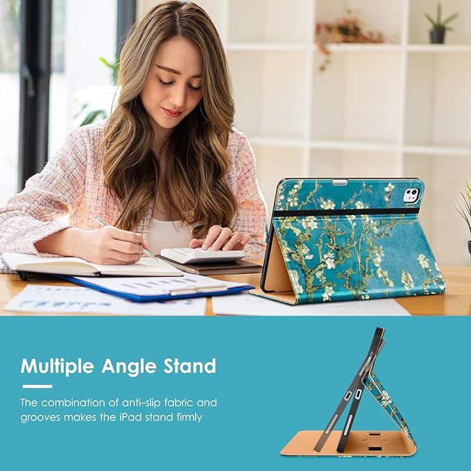 VIKESI Case for iPad Pro 13-inch M5 or M4 Released in 2025 or 2024, Leather Stand Cover with Apple Pencil Holder, Auto Wake/Sleep, Multiple Viewing Angles, Built in Hand Strap & Pocket,Blossom