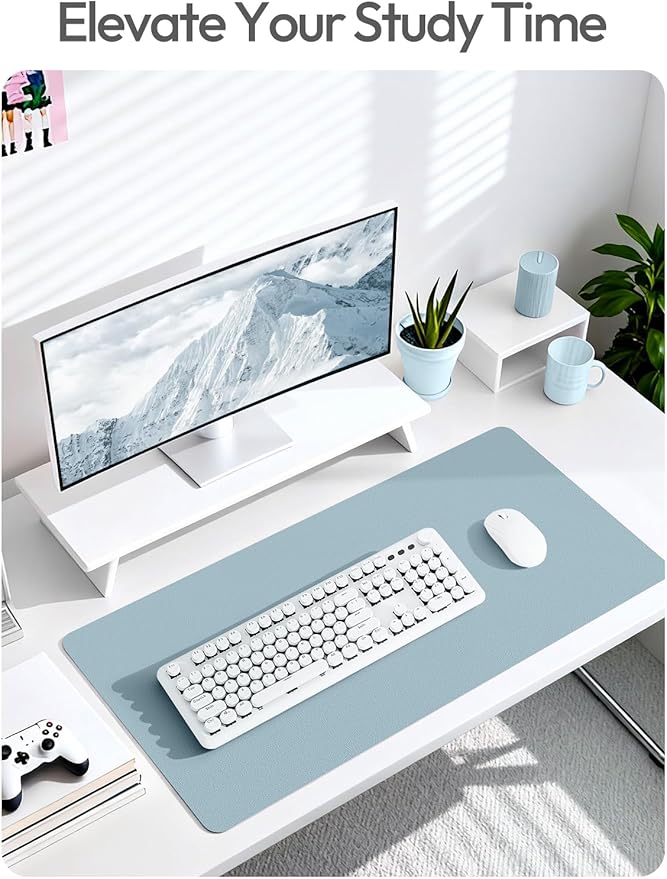 YSAGi Leather Desk Protector, Office Mat, Large Mouse Mat, Non-Slip PU Leather Blotter, Laptop Pad, Waterproof Writing Pad for Office and Home (Ice Blue, 47" x 17")