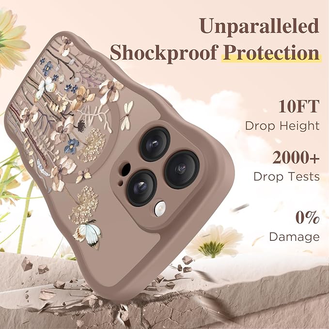 GVIEWIN for iPhone 14 Pro Max Case Compatible with MagSafe [Curly Wave Edge][Full Camera Protection] Floral Translucent Shockproof Magnetic Women Phone Case for 14 Pro Max, Autumnflit/Brown